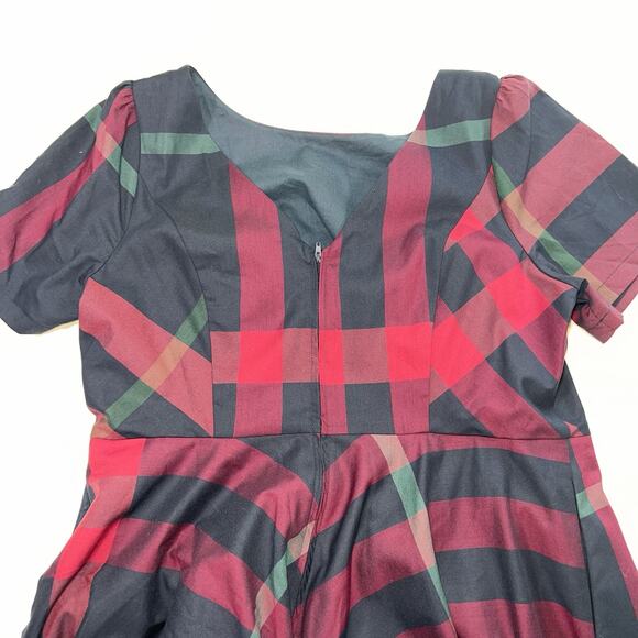 ModCloth Dress Plus Size 18 Navy Blue Burgundy Plaid Short Sleeve LIned Preppy - Picture 9 of 14